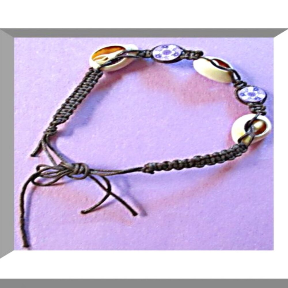 Handmade Black Braided Rope Anklet With Real Seashells & Purple Flower Beads